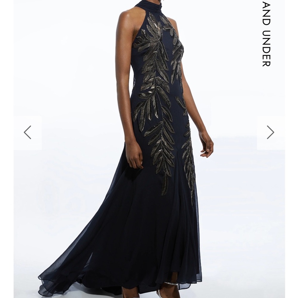 Karen Millen Navy Maxi Dress with Gold Leaf Embroidery